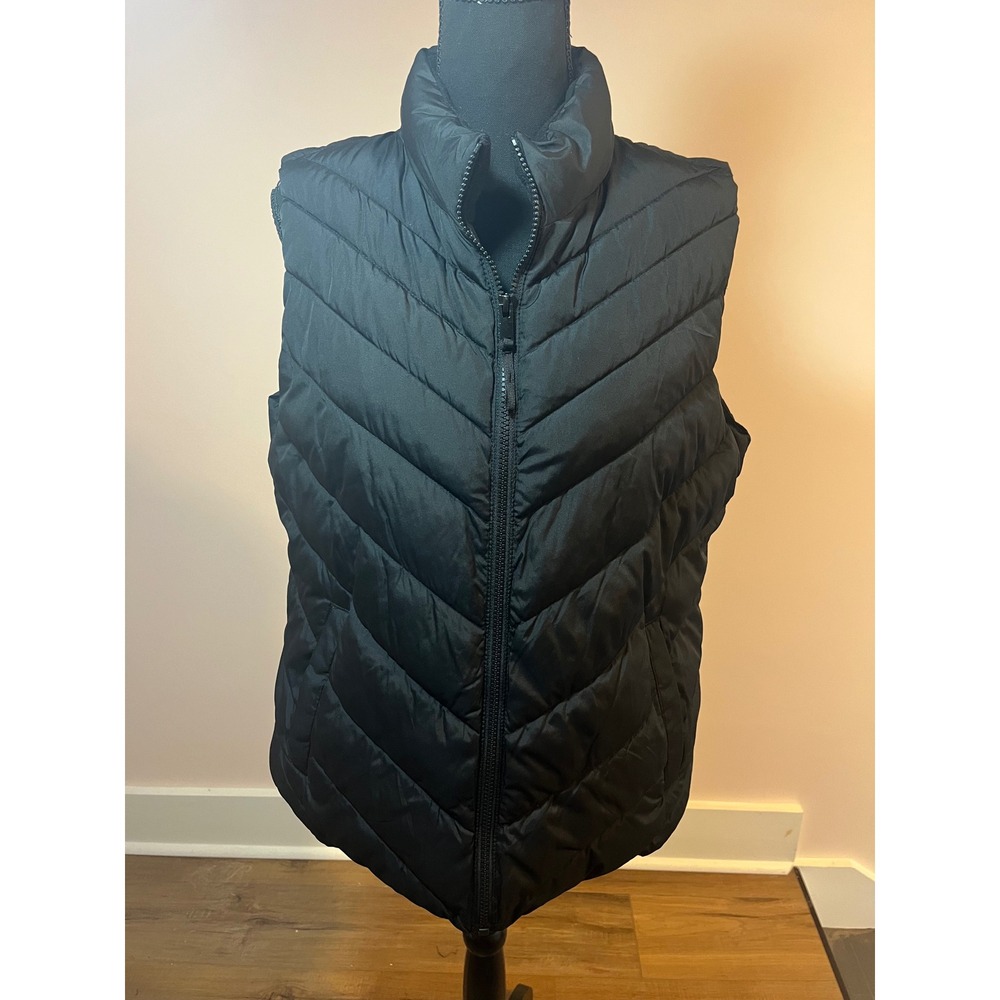 Gap Womens Black Chevron Puffer Vest Full Zip Fleece Lined Collar Large